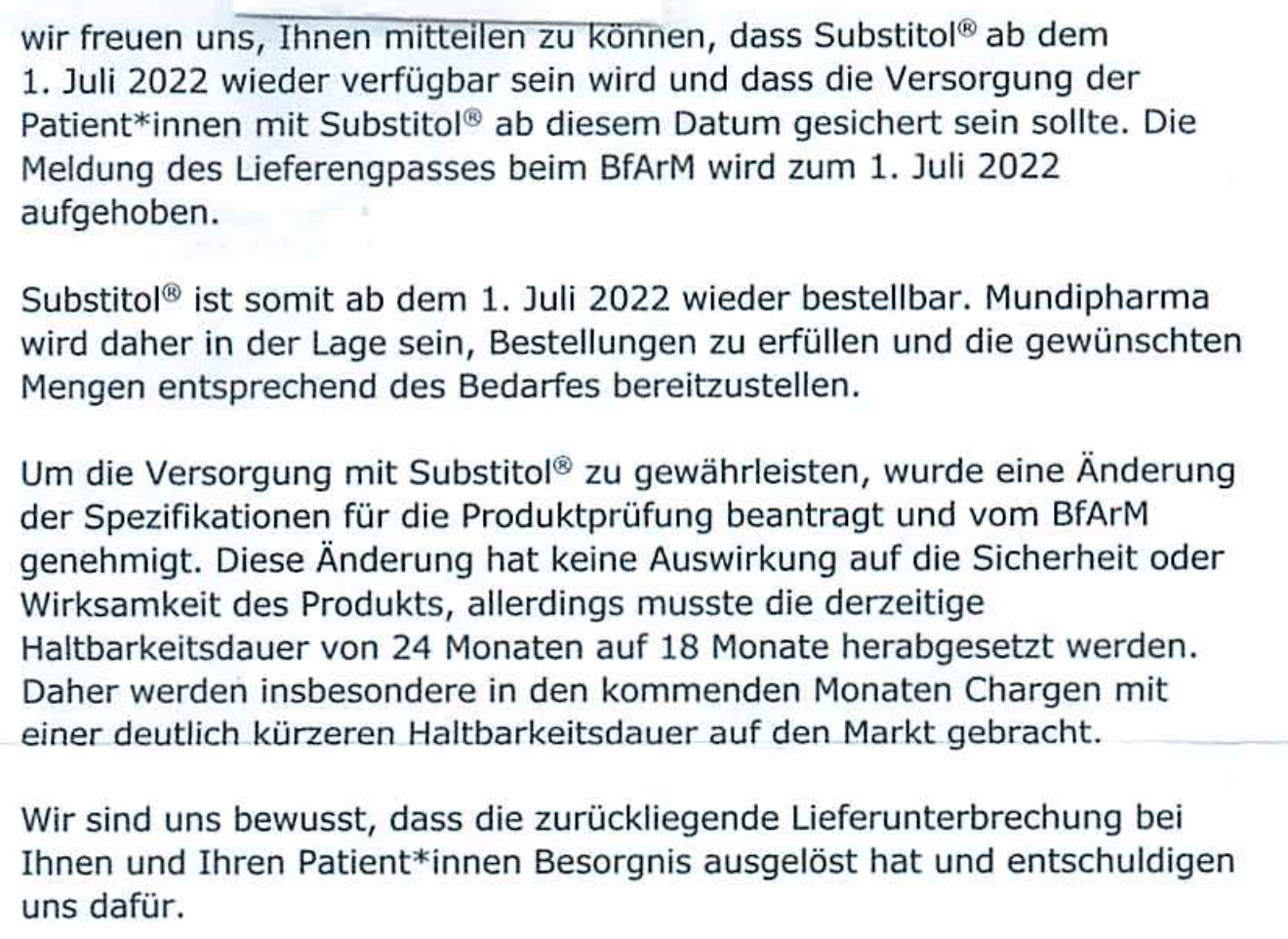 Substitol Mundipharma Brief vom 22062022 Ausschnitt